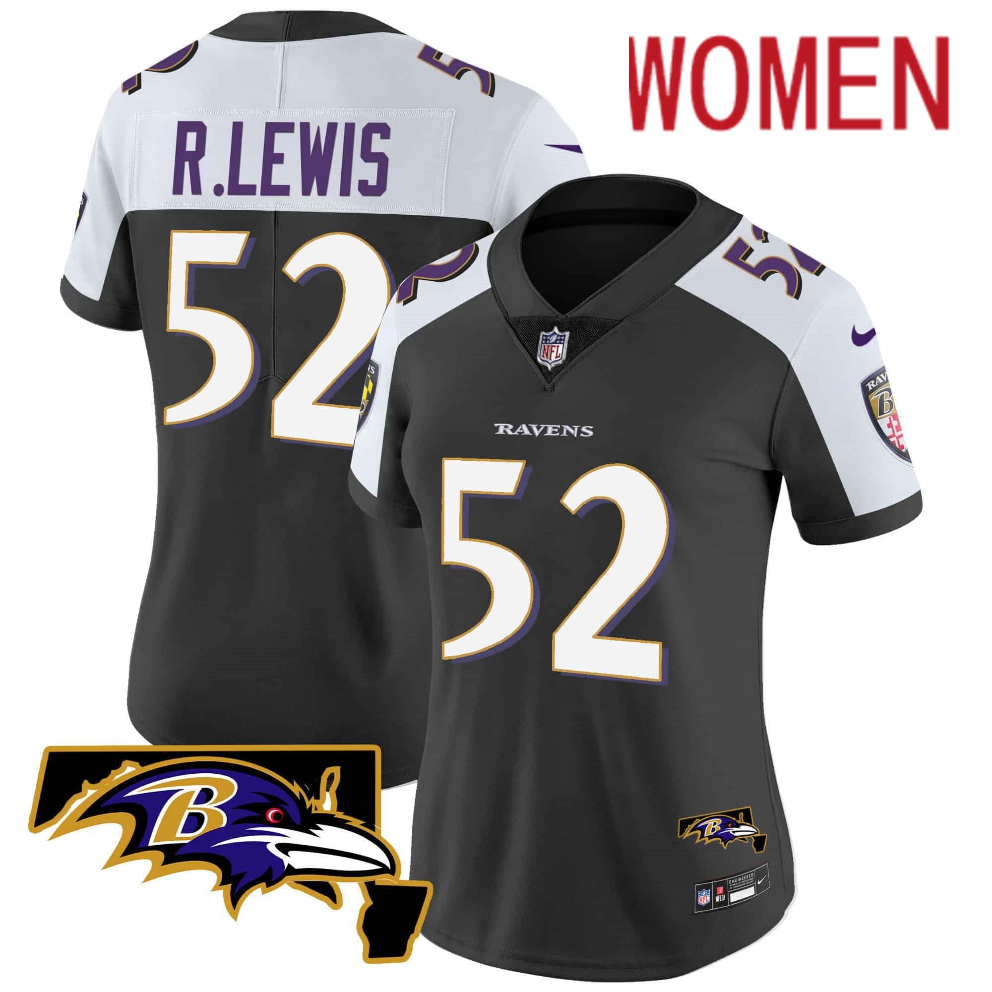 Women Baltimore Ravens 52 R.Lewis Black 2024 Nike Maryland Patch Vapor Limited NFL Jersey